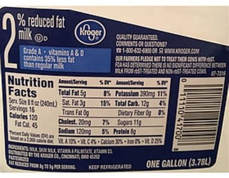 Kroger 2% Reduced Fat Milk - 240 ml, Nutrition Information | Innit