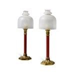 A Pair of Palmers Patent Brass Mounted Red Lacquered Table Lamps with Dome Glass Shades | Design ...