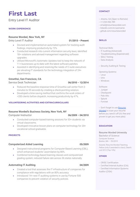 Entry Level IT Auditor Resume Examples for 2024 | Resume Worded