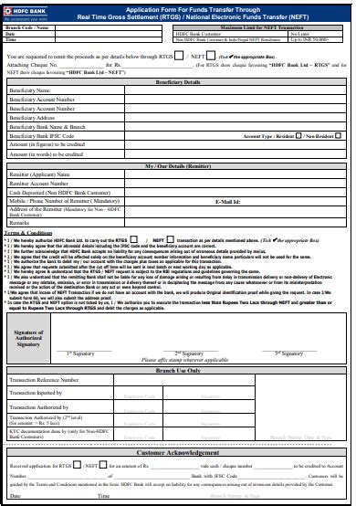 HDFC RTGS NEFT Form PDF Download