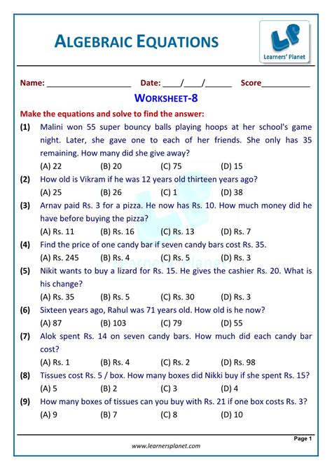 Algebraic Expressions Worksheets