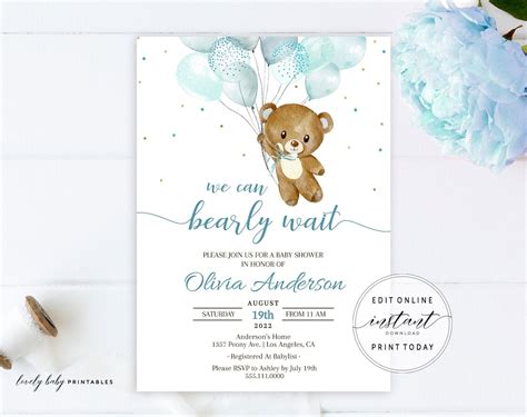 Editable Teddy Bear Baby Shower Invitation Template Bear Baby | Etsy