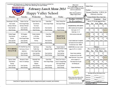 February 2014 Lunch Menu | Happy Valley School