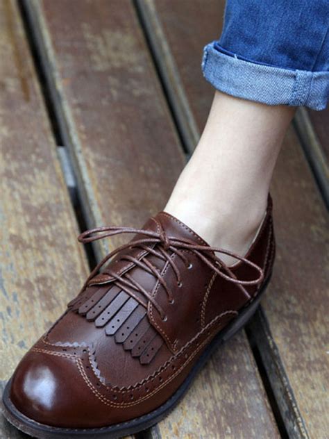 Womens Dark Brown Stylish Oxfords Casual Lace Up Round Toe Low Puppy Heel PU Leather Shoes ...