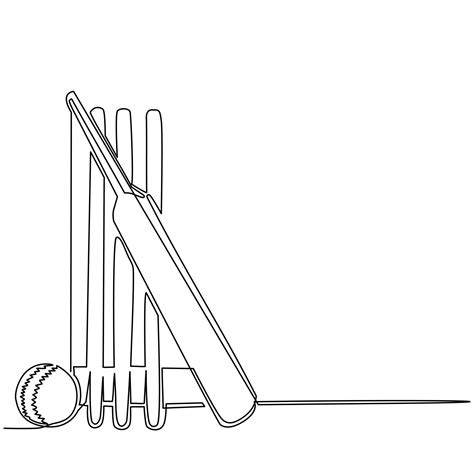 Continuous one line drawing cricket bat, ball, and wicket stumps isolated on white. Set ...