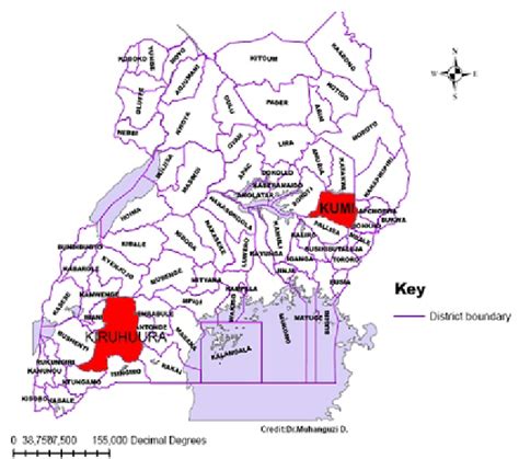 Map of Uganda showing Kumi and Kiruhuura Districts in eastern and south... | Download Scientific ...