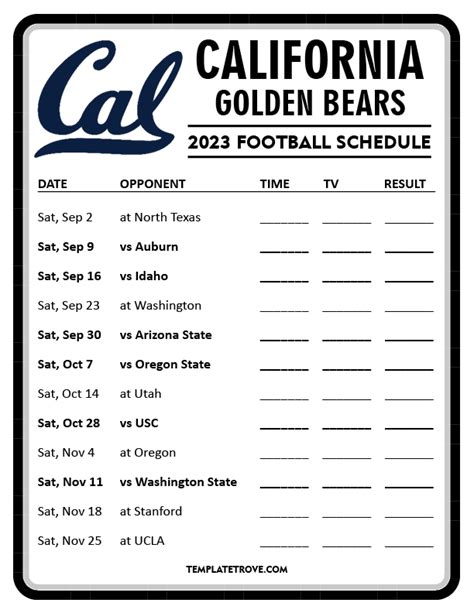 Printable 2023 California Golden Bears Football Schedule