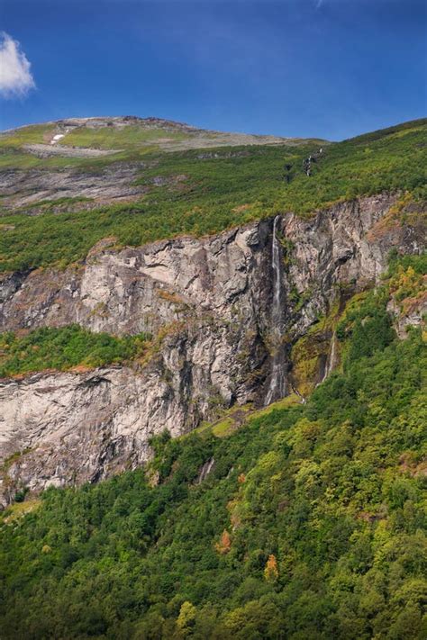 Waterfall and Cliff in Geiranger Fjord Stock Image - Image of mountain ...