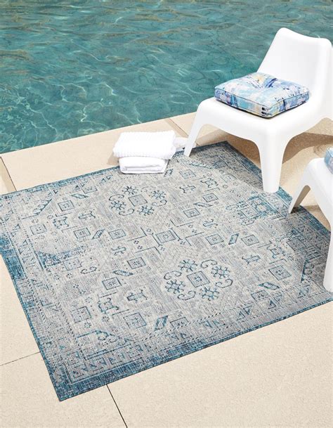 Teal 10' x 10' Outdoor Aztec Square Rug | eSaleRugs