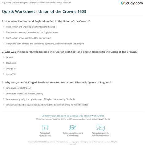 Quiz & Worksheet - Union of the Crowns 1603 | Study.com