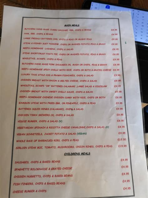 Menu at Reefs Bar, Sea Palling