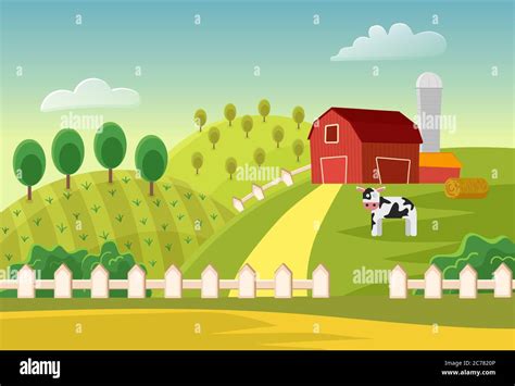 Cartoon vector farm landscape field with farmers buildings and cow ...