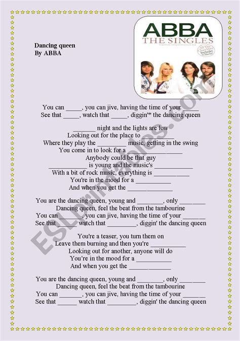 Dancing queen lyrics, ABBA - ESL worksheet by nataliaalmoines