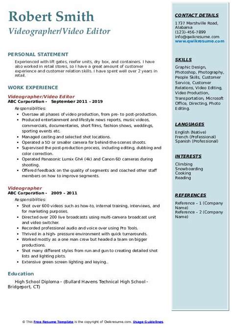 Videographer Resume Samples | QwikResume