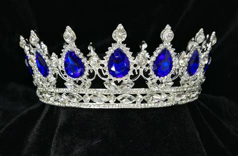 Silver Crown With Pear shaped Crystal Stones for Cake Decoration or Hair Piece – Royal Blue