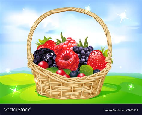 Basket full of fruits on green meadow Royalty Free Vector