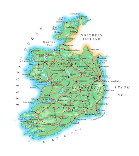 Large detailed physical map of Ireland with roads, cities and airports ...