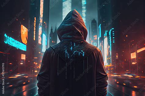 Person in hoodie in city of future, cyberpunk background. Man wearing hood, cyber hacker using ...