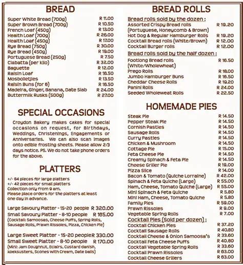 Menu at Croydon Bakery, Kempton Park