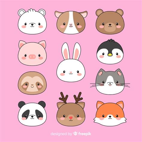 Colección caras de animales kawaii dibujadas a mano ... | Cute animal ...