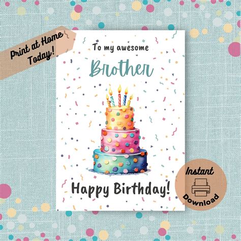 Printable Birthday Card for Brother, Instant Digital Download Print at ...