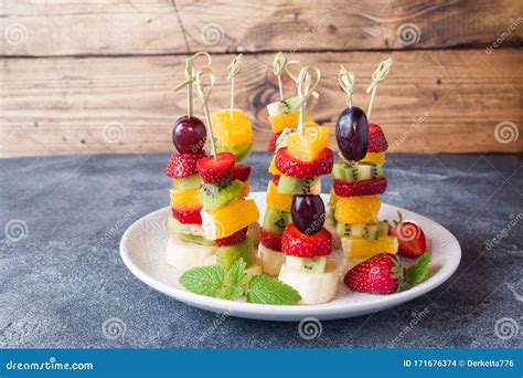 Fresh Fruit on Skewers. Concept Buffet for a Summer Party. Copy Space Stock Photo - Image of ...