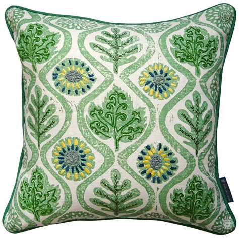 Hand-Embroidered Blithfield Oakleaves Green Linen Cushion | Fine Cell Work