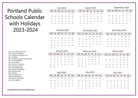 Portland Public Schools Calendar with Holidays 2023-2024