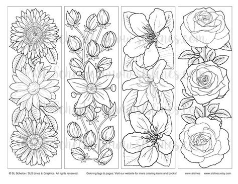 downloadable PDF bookmark coloring with flower design, printable PDF bookmarks adult coloring ...