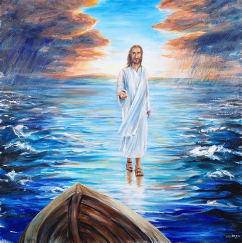 Walking on Water Oil Painting of Jesus Christ Inviting With Open Hand ...