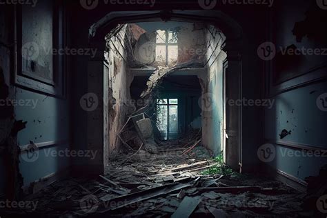 The abandoned haunted house's dark hallway filled with debris ...