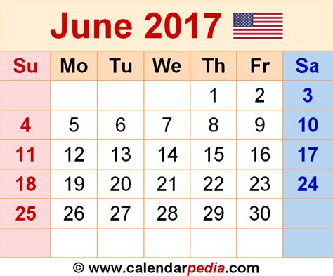 June 2017 Calendar | Templates for Word, Excel and PDF