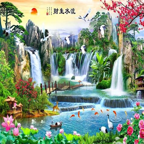 Chinese Style Colorful Waterfall Landscape Wallpaper Mural, Custom Sizes Available | Landscape ...
