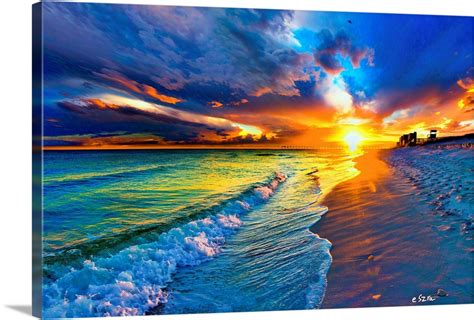 Beach Landscape-Blue Sea Waves-Yellow Sunset Burst Wall Art, Canvas Prints, Framed Prints, Wall ...