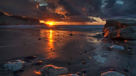 nature, Landscape, Water, Sea, Clouds, Sunset, Rock, Stones, Sand, Beach, Reflection, Waves ...