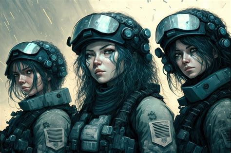 Premium Photo | Scifi soldiers in a futuristic suit three futuristic female soldiers digital art ...