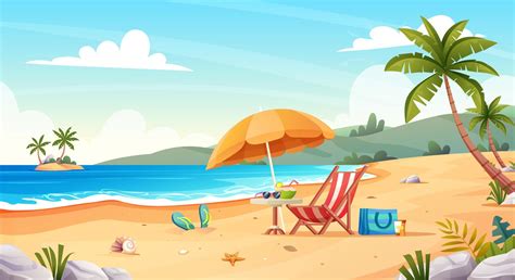 Tropical beach landscape with beach chair and umbrella on the seashore. Summer vacation cartoon ...