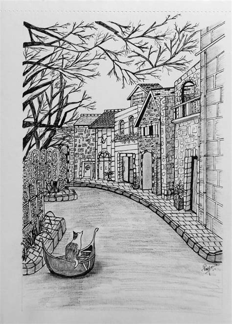 a drawing of a small boat on the water in front of a brick building and ...