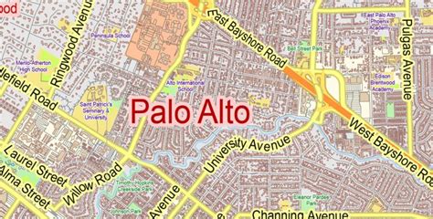 Palo Alto Mountain View California US PDF Map Vector Exact City Plan ...