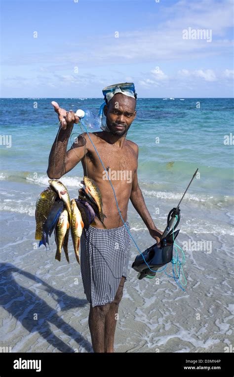 Local fisherman, using snorkel and fishing gun to catch fish, Vieux Fort, St Lucia Stock Photo ...