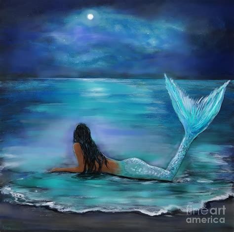 Mermaid Moon And Stars Painting by Leslie Allen