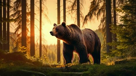 Ursus arctos in natural habitat during summer season with green forest background at sunset ...