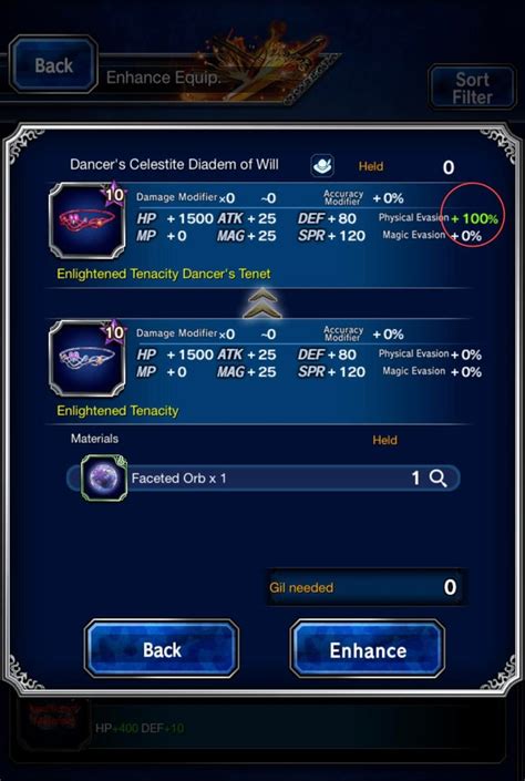 Dancer Diadem crafting preview shows 100% evasion, but it’s 20% evasion after crafting it : FFBEblog