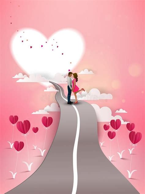 Red heart flower on pink background with couple kissing on road vector illustration | Love ...