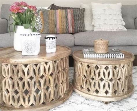 Wooden Coffee Table Set of 2 Boho Style Round Side Tables | Etsy