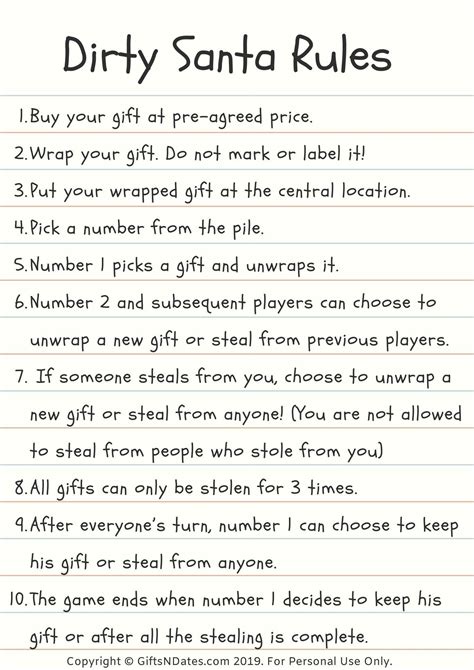 Dirty Santa Game Rules Printable