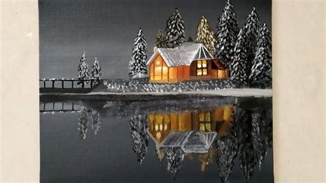 Black & White / Easy Snowy Winter night Landscape Painting for beginners /Acrylic Painting ...