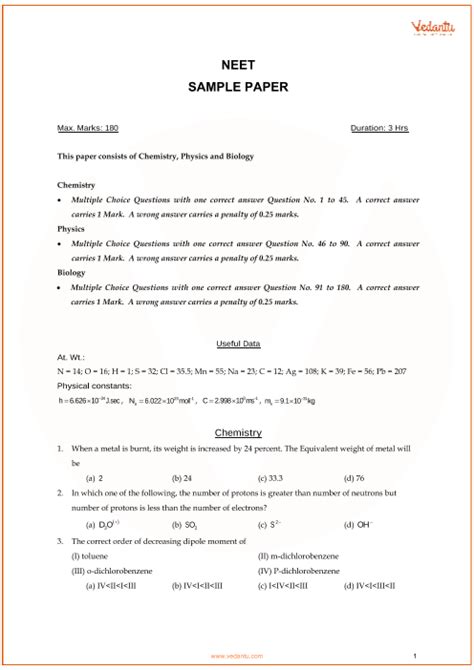 NEET Sample (Model-1) Question Paper with Answer Keys - Free PDF Download