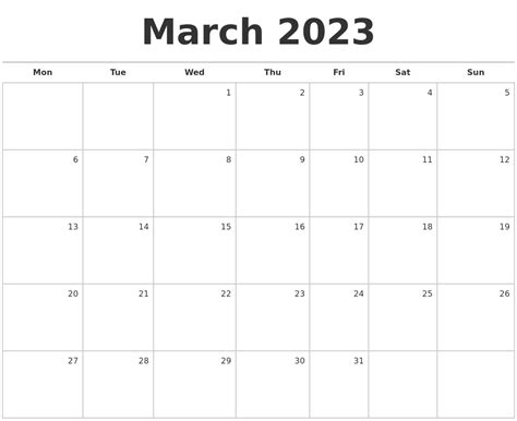 March 2023 Blank Monthly Calendar