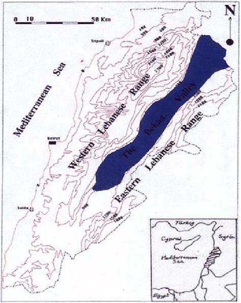 Location map. The Bekaa Valley, shaded. Inset box: Lebanon position ...